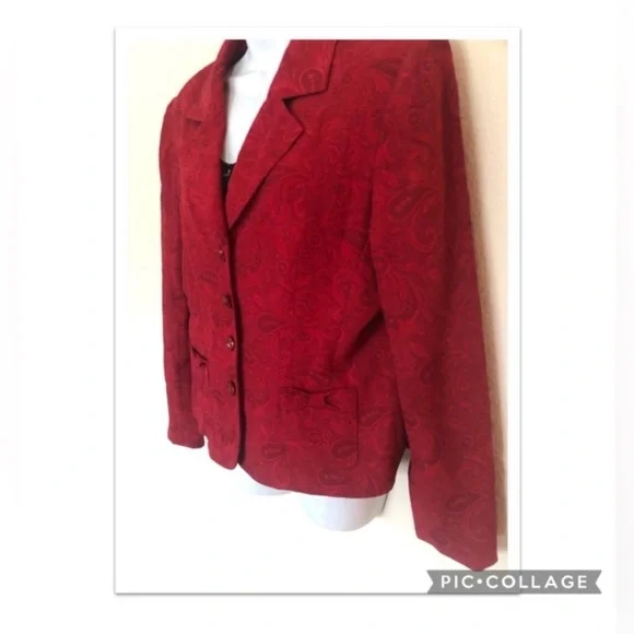 VTG 90s Giorgio Sant’Angelo Cranberry Brocade Blazer Rose Buttons Bow Detail 12 - Picture 5 of 9
